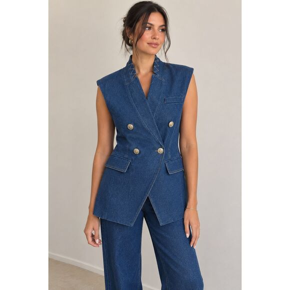 Jason Wu Jackets & Blazers - Jason Wu Denim Sleeveless Blazer Vest Size Medium Double Breasted Gold Buttons